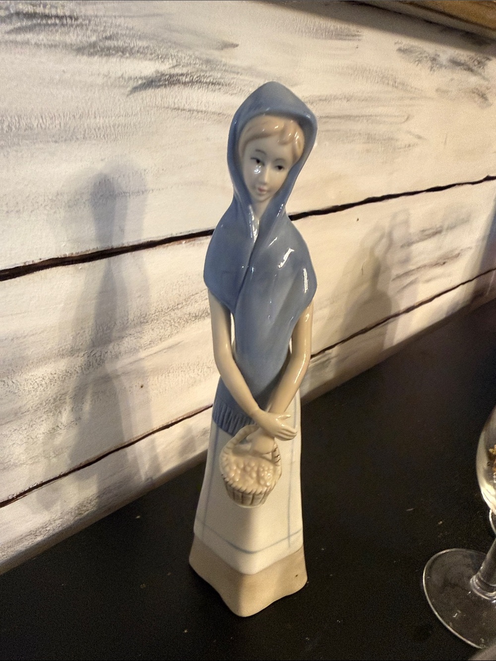 Blue and Cream Figurine Woman with Basket - Home Art Decor